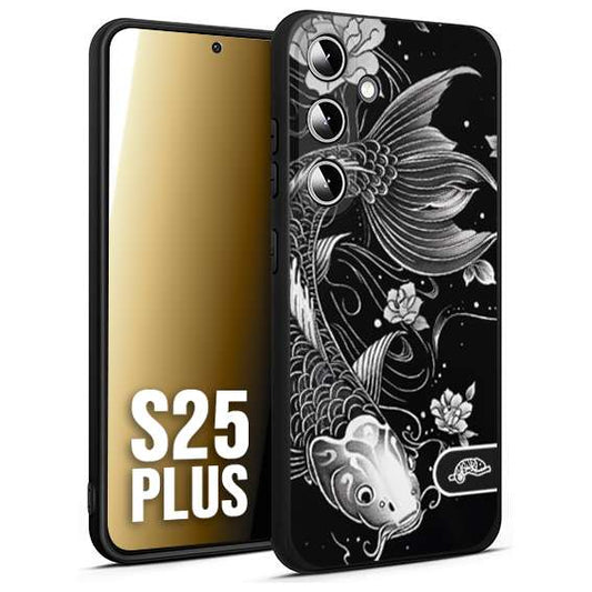 CUSTOMIZZA - Custodia cover nera morbida in tpu compatibile per Samsung S25 PLUS carpa koi black and white bianco a rilievo disegnato tattoo tatuaggio