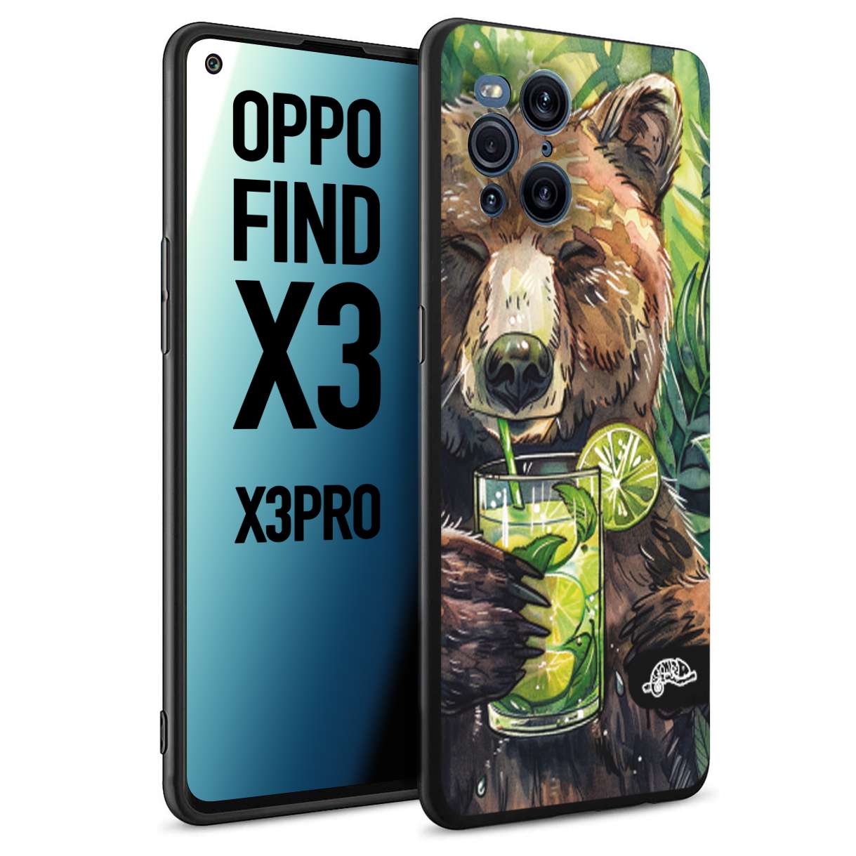 CUSTOMIZZA - Custodia cover nera morbida in tpu compatibile per Oppo Find X3 - Find X3 Pro 5G estate disegnata cocktails animali simpatici orso bear negroni