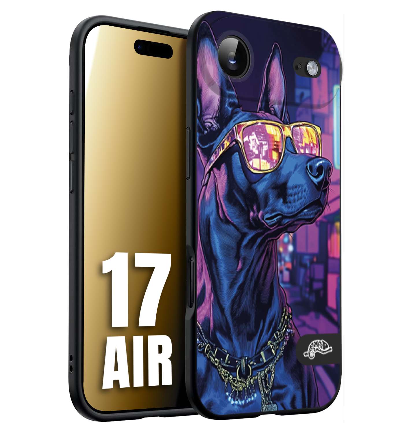 CUSTOMIZZA - Custodia cover nera morbida in tpu compatibile per iPhone 17 AIR animali cyberpunk dobermann cane street dog fucsia blu night