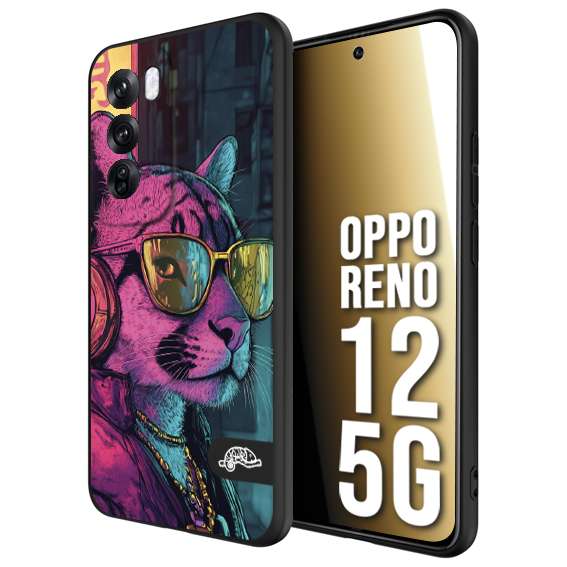 CUSTOMIZZA - Custodia cover nera morbida in tpu compatibile per Oppo Reno 12 5G animali cyberpunk pantera street cat fucsia blu giallo
