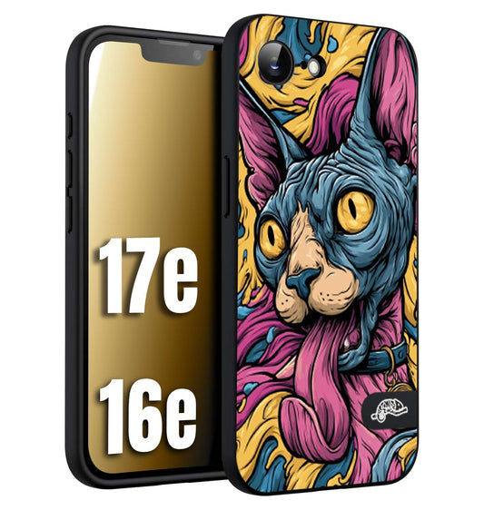 CUSTOMIZZA - Custodia cover nera morbida in tpu compatibile per iPhone 16E - 17E Sphynx Colorato Pop Art Psichedelico Gatto Blu Rosa Giallo Artistica Fantasy