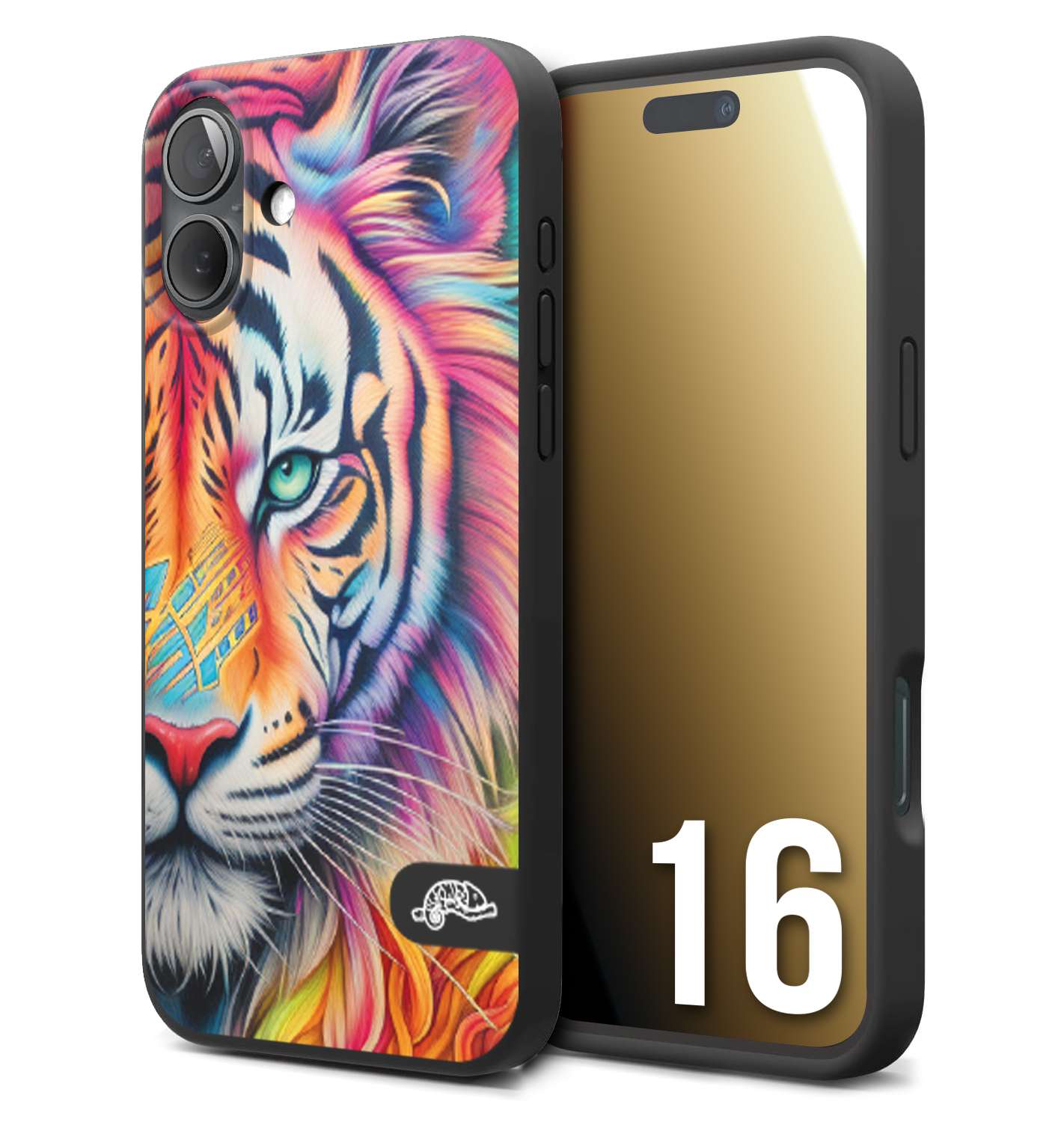 CUSTOMIZZA - Custodia cover nera morbida in tpu compatibile per iPhone 16 animali color tigre tiger viso colori vibranti disegnato schizzo