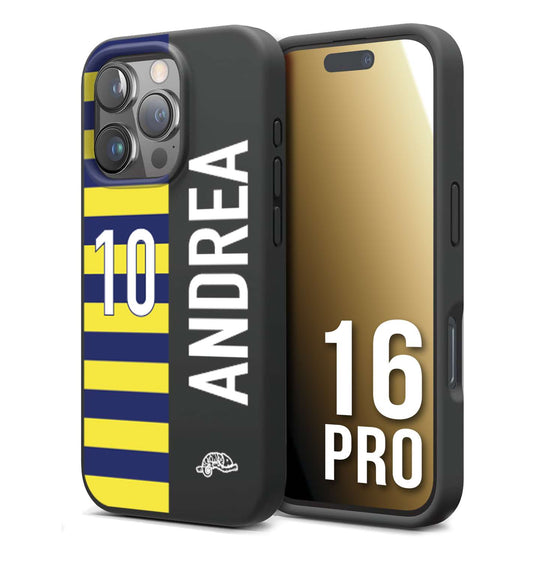 CUSTOMIZZA - Custodia cover nera morbida in tpu compatibile per iPhone 16 PRO personalizzata calcio football nome e numero calciatori giallo blu