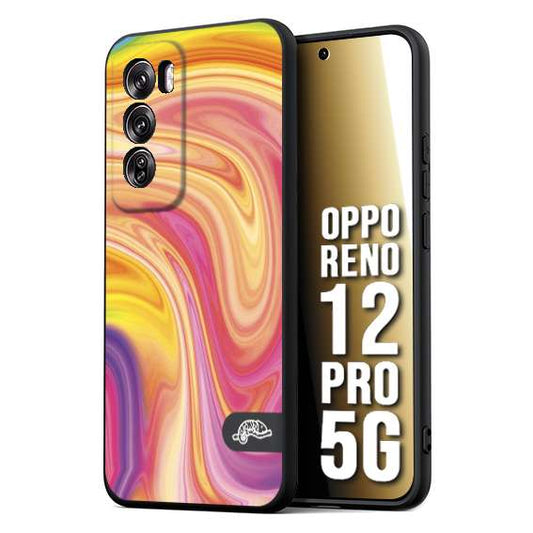 CUSTOMIZZA - Custodia cover nera morbida in tpu compatibile per Oppo Reno 12 PRO 5G colorata fantasia vortice marmo onde rosa fucsia gialla