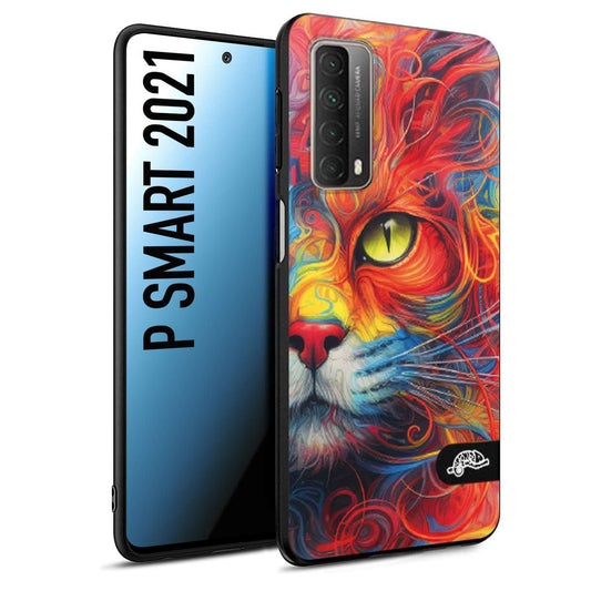 CUSTOMIZZA - Custodia cover nera morbida in tpu compatibile per Huawei P Smart 2021 animali color cat gatto viso colori vibranti disegnato schizzo