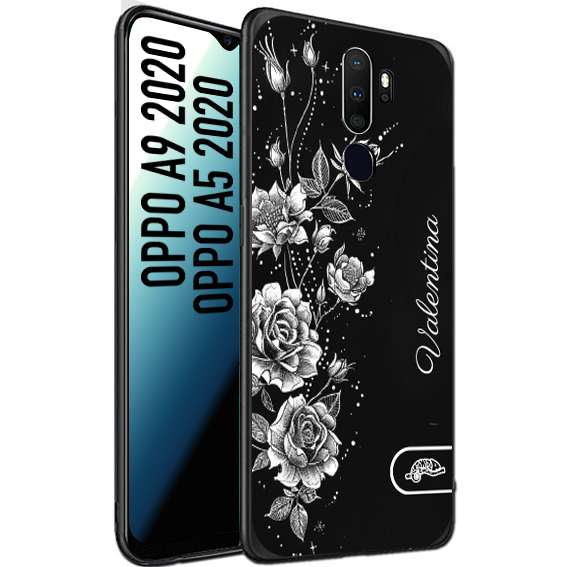 CUSTOMIZZA - Custodia cover nera morbida in tpu compatibile per Oppo A9 2020 - A5 2020 a rilievo soft touch personalizzata nome rose fiori donna