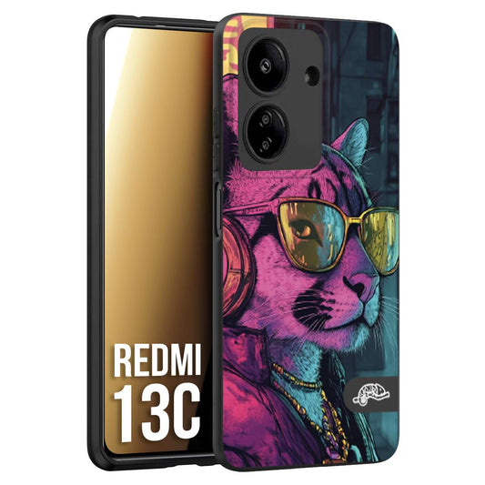 CUSTOMIZZA - Custodia cover nera morbida in tpu compatibile per Xiaomi Redmi 13C animali cyberpunk pantera street cat fucsia blu giallo