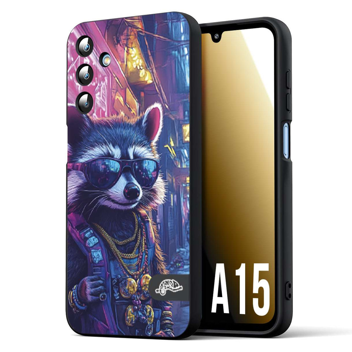 CUSTOMIZZA - Custodia cover nera morbida in tpu compatibile per Samsung A15 5G animali simpatici cyberpunk procione racoon street cat fucsia blu giallo