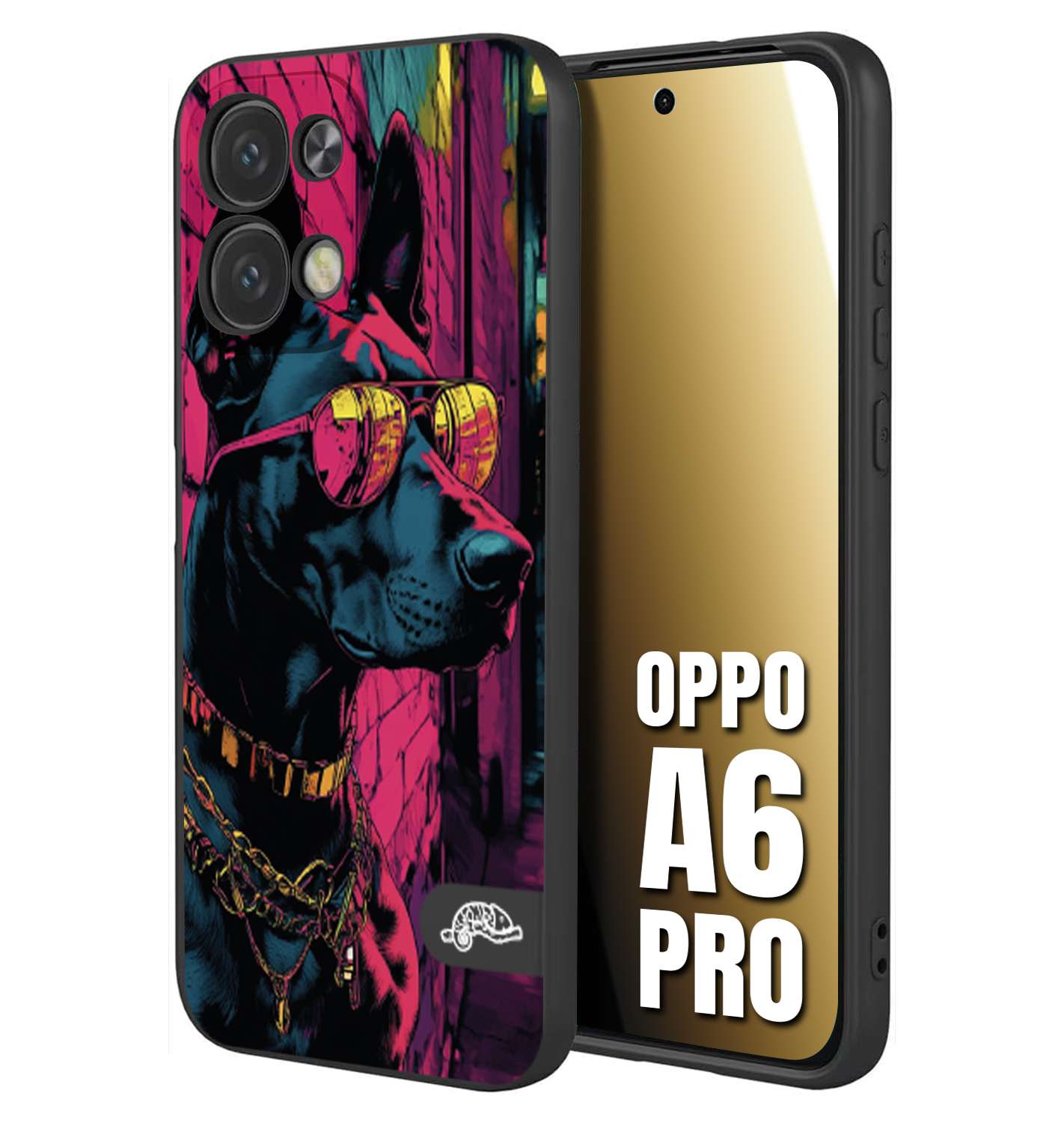 CUSTOMIZZA - Custodia cover nera morbida in tpu compatibile per Oppo A6 PRO animali cyberpunk dobermann cane street dog fucsia blu