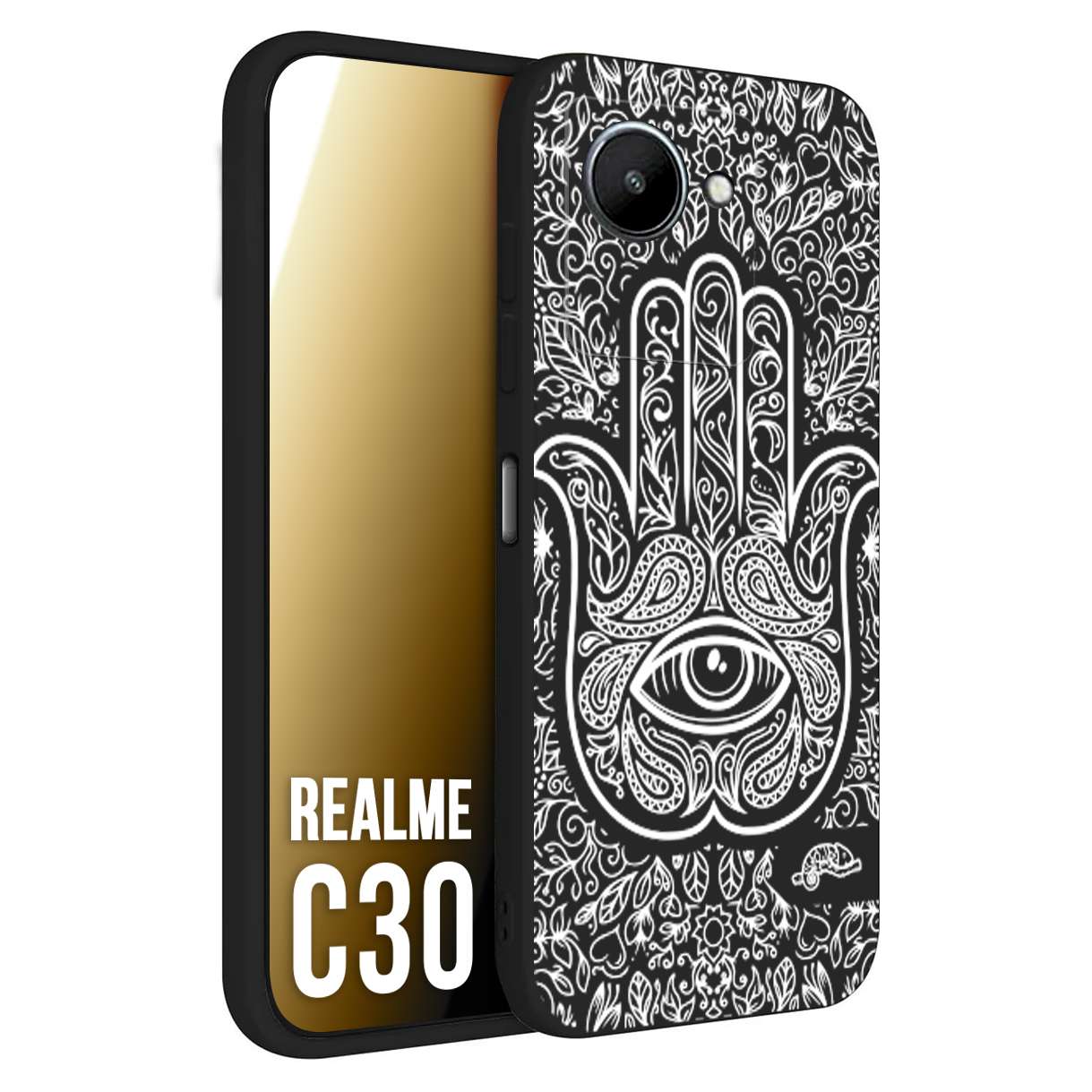 CUSTOMIZZA - Custodia cover nera morbida in tpu compatibile per Oppo Realme C30 mano di fatima effetto rilievo mandala donna