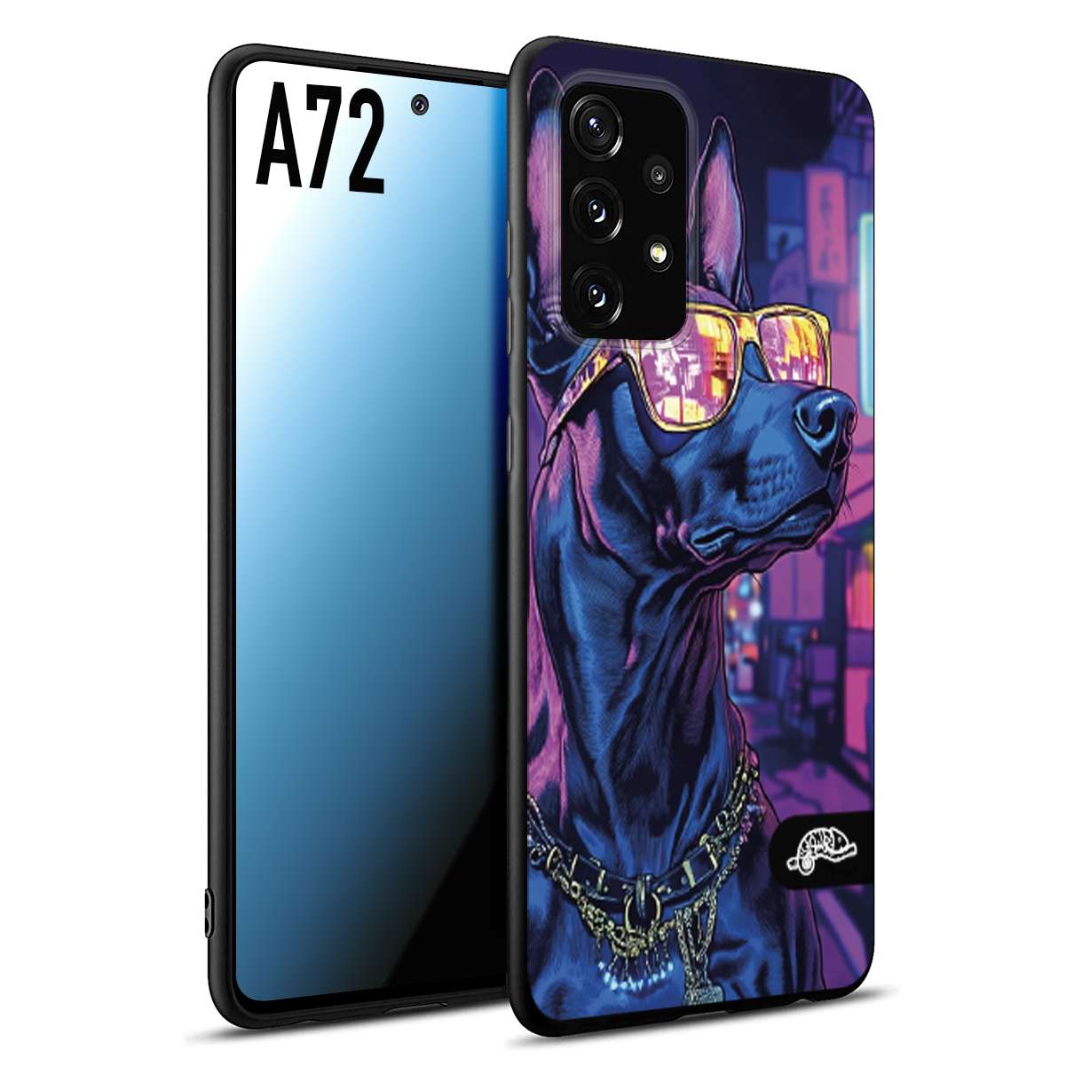 CUSTOMIZZA - Custodia cover nera morbida in tpu compatibile per Samsung A72 animali cyberpunk dobermann cane street dog fucsia blu night