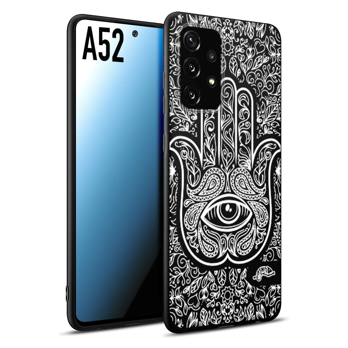 CUSTOMIZZA - Custodia cover nera morbida in tpu compatibile per Samsung A52 mano di fatima effetto rilievo mandala donna