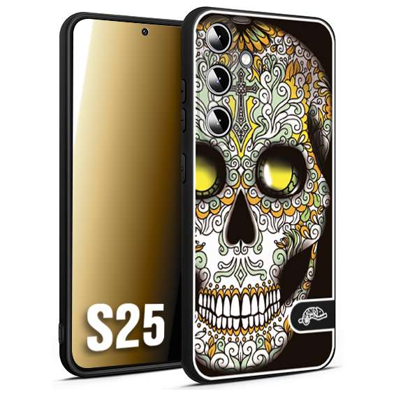 CUSTOMIZZA - Custodia cover nera morbida in tpu compatibile per Samsung S25 teschio messicano Mexican skull bianco verde giallo