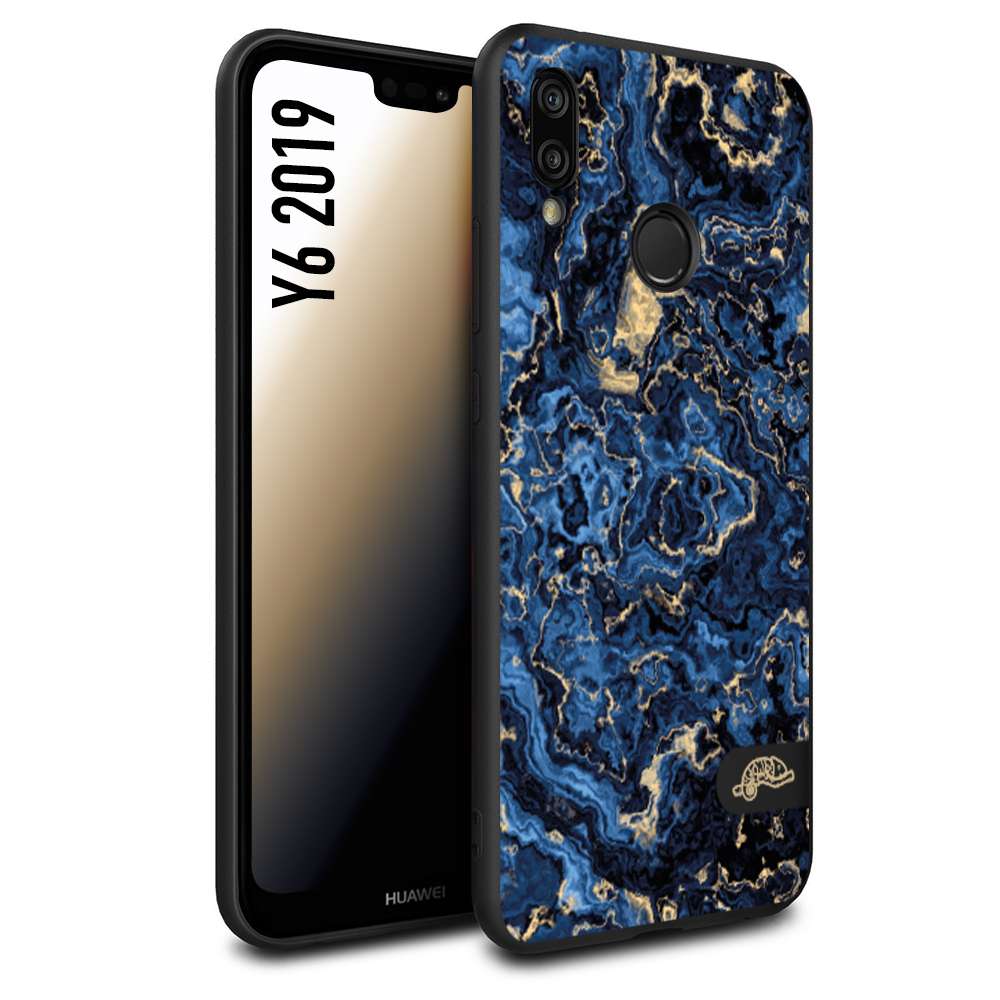 CUSTOMIZZA - Custodia cover nera morbida in tpu compatibile per Huawei Y6 2019 effetto marmo marble blu venature dorato psichedelico