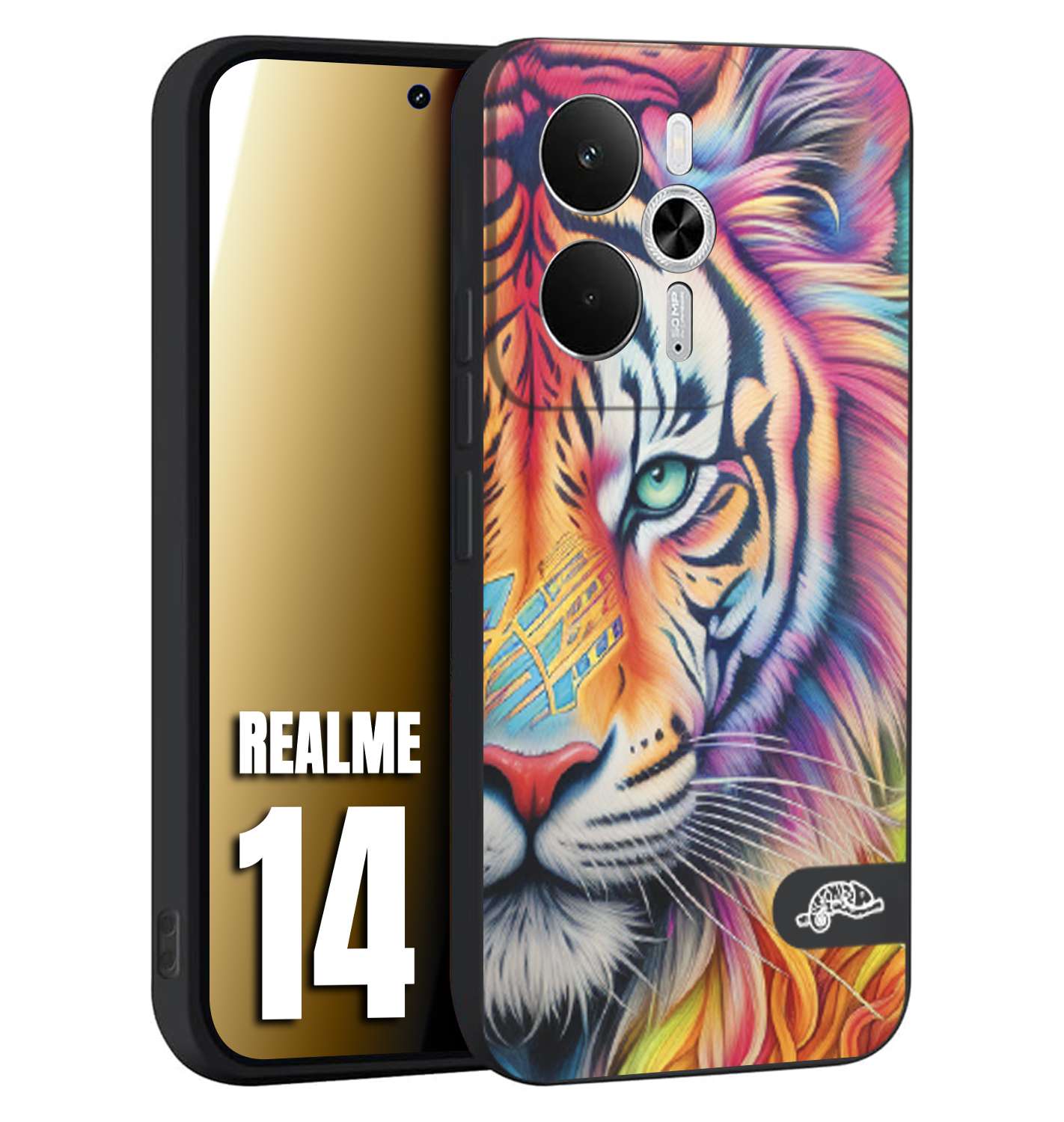 CUSTOMIZZA - Custodia cover nera morbida in tpu compatibile per Realme 14 5G animali color tigre tiger viso colori vibranti disegnato schizzo