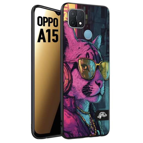 CUSTOMIZZA - Custodia cover nera morbida in tpu compatibile per Oppo A15 animali cyberpunk pantera street cat fucsia blu giallo