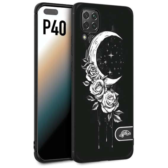 CUSTOMIZZA - Custodia cover nera morbida in tpu compatibile per Huawei P40 luna e fiori moon flowers black and white bianco a rilievo disegnato tattoo tatuaggio