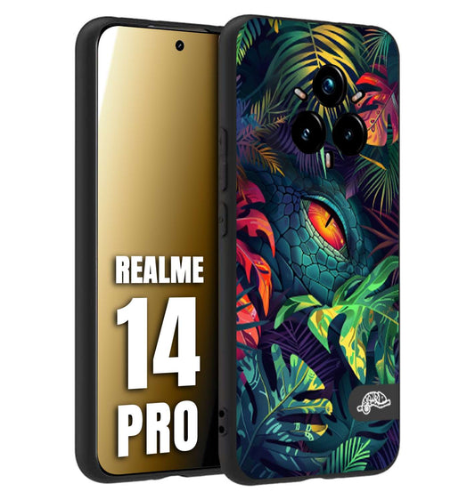CUSTOMIZZA - Custodia cover nera morbida in tpu compatibile per Realme 14 PRO animali color giungla tropicale occhio di coccodrillo alligatore disegnato