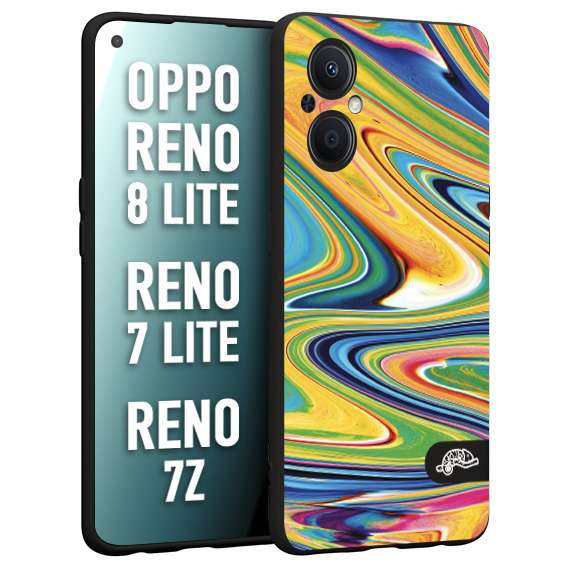 CUSTOMIZZA - Custodia cover nera morbida in tpu compatibile per Oppo Reno 7 Lite - 8 Lite - 7Z colorata fantasia vortice marmo arcobaleno gialla verde blu