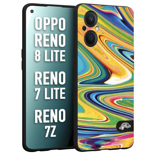 CUSTOMIZZA - Custodia cover nera morbida in tpu compatibile per Oppo Reno 7 Lite - 8 Lite - 7Z colorata fantasia vortice marmo arcobaleno gialla verde blu