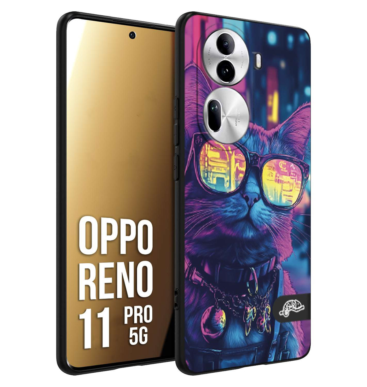 CUSTOMIZZA - Custodia cover nera morbida in tpu compatibile per Oppo Reno 11 PRO 5G animali cyberpunk gatto street cat fucsia blu giallo