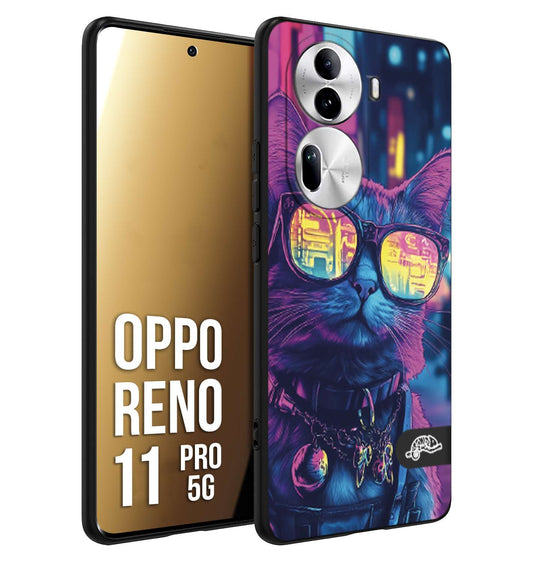 CUSTOMIZZA - Custodia cover nera morbida in tpu compatibile per Oppo Reno 11 PRO 5G animali cyberpunk gatto street cat fucsia blu giallo