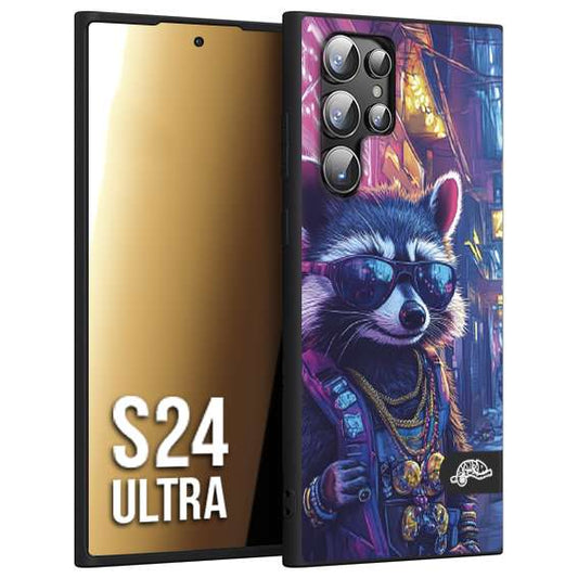 CUSTOMIZZA - Custodia cover nera morbida in tpu compatibile per Samsung S24 ULTRA animali simpatici cyberpunk procione racoon street cat fucsia blu giallo