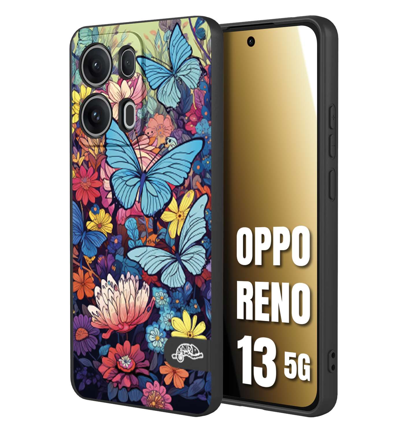 CUSTOMIZZA - Custodia cover nera morbida in tpu compatibile per Oppo Reno 13 5G farfalle butterfly moderno donna disegnate gialla blu rosa