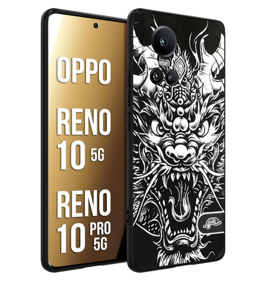 CUSTOMIZZA - Custodia cover nera morbida in tpu compatibile per Oppo Reno 10 5G - 10 PRO 5G drago black and white bianco a rilievo disegnato tattoo tatuaggio