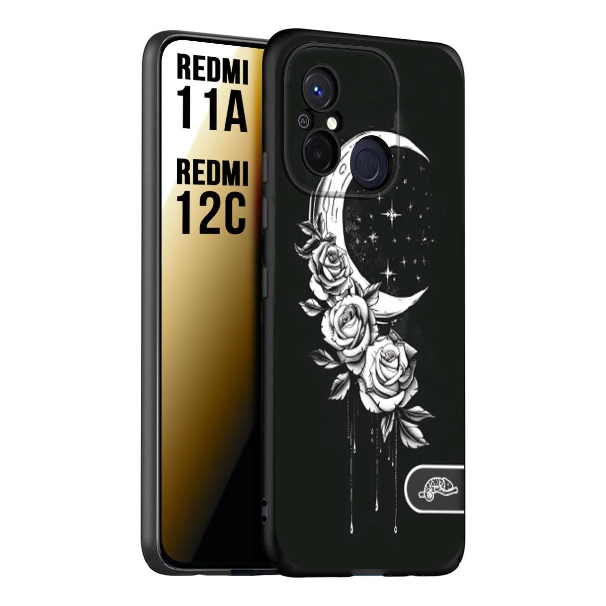 CUSTOMIZZA - Custodia cover nera morbida in tpu compatibile per Xiaomi Redmi 11A - 12C luna e fiori moon flowers black and white bianco a rilievo disegnato tattoo tatuaggio