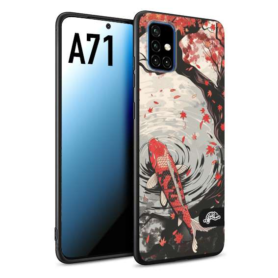 CUSTOMIZZA - Custodia cover nera morbida in tpu compatibile per Samsung A71 giapponese lago carpa koi rossa con foglie d'acero rosso disegnata tattoo