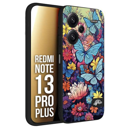 CUSTOMIZZA - Custodia cover nera morbida in tpu compatibile per Xiaomi Redmi Note 13 PRO PLUS farfalle butterfly moderno donna disegnate gialla blu rosa
