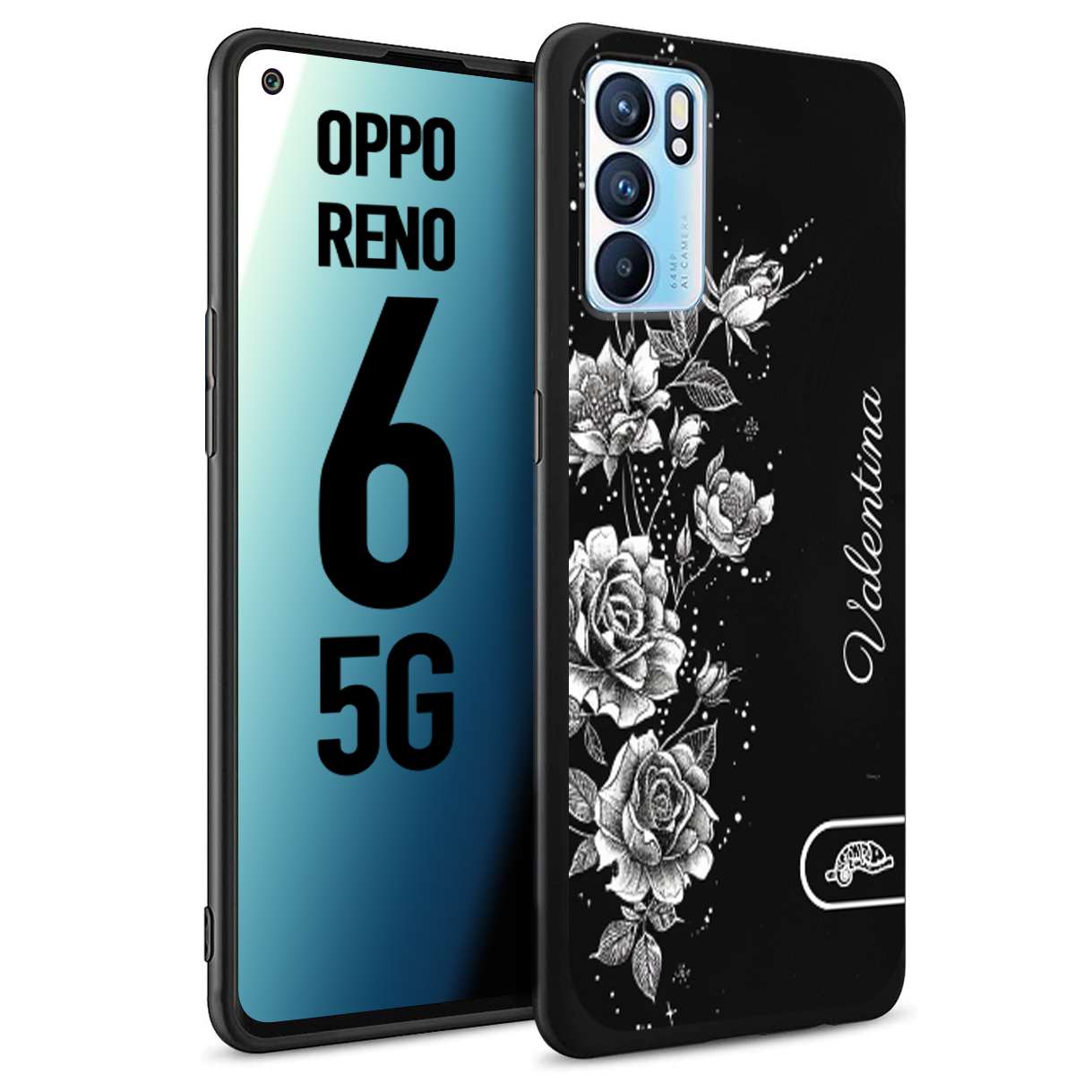 CUSTOMIZZA - Custodia cover nera morbida in tpu compatibile per Oppo Reno 6 5G a rilievo soft touch personalizzata nome rose fiori donna