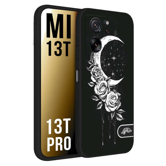 CUSTOMIZZA - Custodia cover nera morbida in tpu compatibile per Xiaomi 13T - 13T PRO luna e fiori moon flowers black and white bianco a rilievo disegnato tattoo tatuaggio