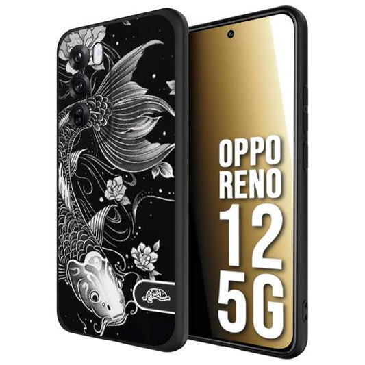 CUSTOMIZZA - Custodia cover nera morbida in tpu compatibile per Oppo Reno 12 5G carpa koi black and white bianco a rilievo disegnato tattoo tatuaggio