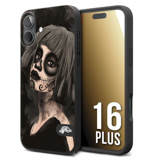 CUSTOMIZZA - Custodia cover nera morbida in tpu compatibile per iPhone 16 PLUS chicana messicana dea de la muerte donna santa tattoo disegnata