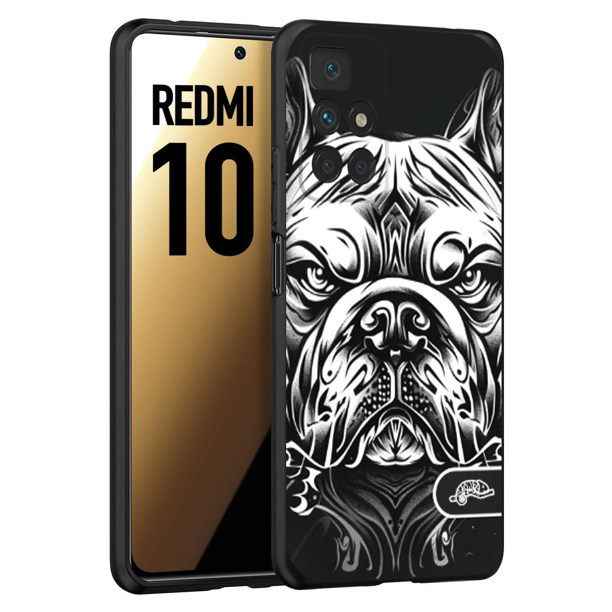 CUSTOMIZZA - Custodia cover nera morbida in tpu compatibile per Xiaomi Redmi 10 bulldog bianco a rilievo disegnato tattoo tatuaggio