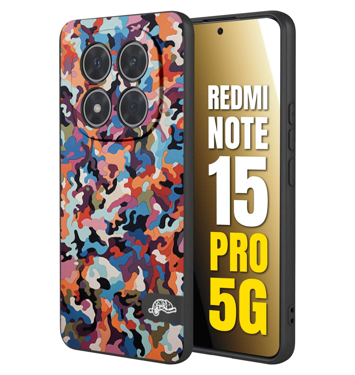 CUSTOMIZZA - Custodia cover nera morbida in tpu compatibile per Xiaomi Redmi Note 15 PRO 5G camouflage mimetico militare moderno blu arancio rosa
