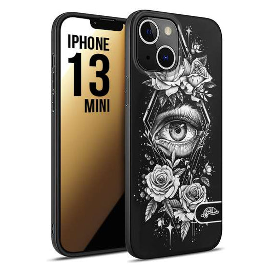 CUSTOMIZZA - Custodia cover nera morbida in tpu compatibile per iPhone 13 MINI occhio fiori rombo geometrico black and white bianco a rilievo disegnato tattoo tatuaggio