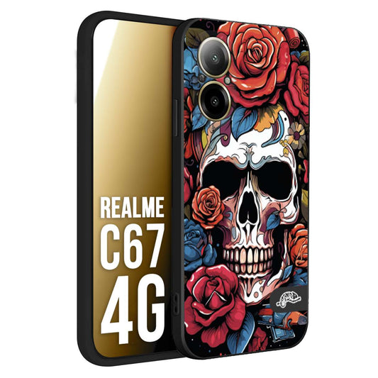 CUSTOMIZZA - Custodia cover nera morbida in tpu compatibile per Realme C67 4G teschio skull flowers fiori rose rosse tattoo disegnato