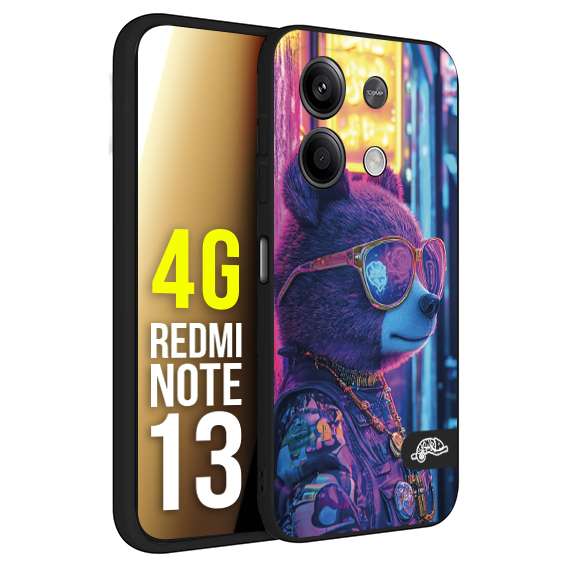 CUSTOMIZZA - Custodia cover nera morbida in tpu compatibile per Xiaomi Redmi Note 13 4G animali cyberpunk orsetto orso street bear fucsia blu night