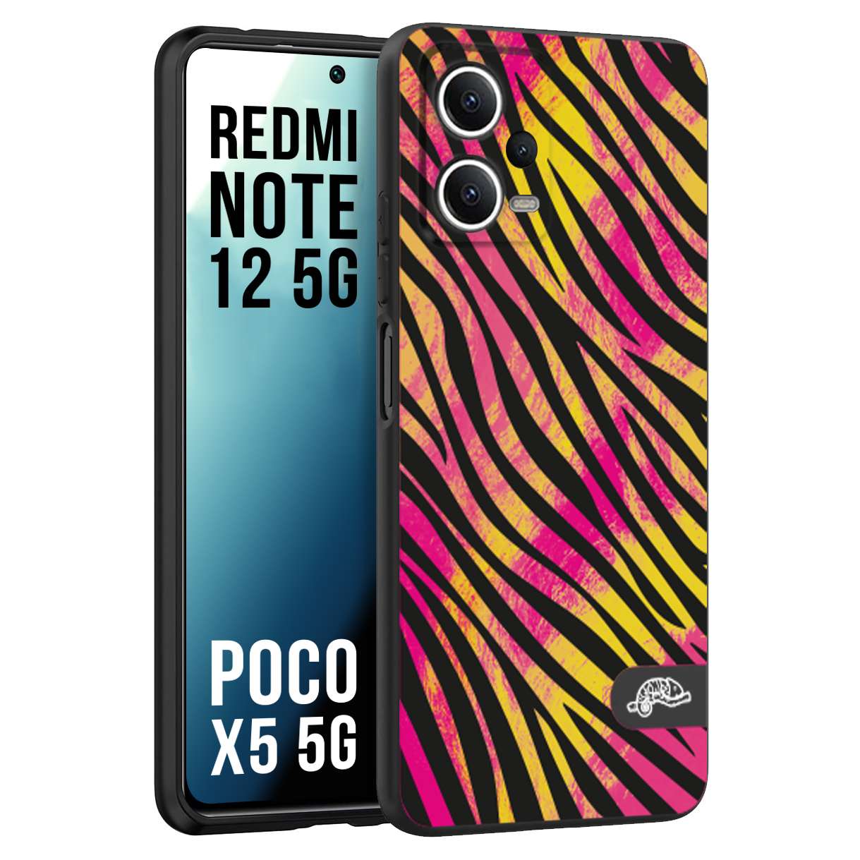 CUSTOMIZZA - Custodia cover nera morbida in tpu compatibile per Xiaomi Redmi Note 12 5G - POCO X5 5G zebrata maculata a rilievo soft touch donna fucsia gialla