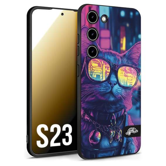 CUSTOMIZZA - Custodia cover nera morbida in tpu compatibile per Samsung S23 animali cyberpunk gatto street cat fucsia blu giallo
