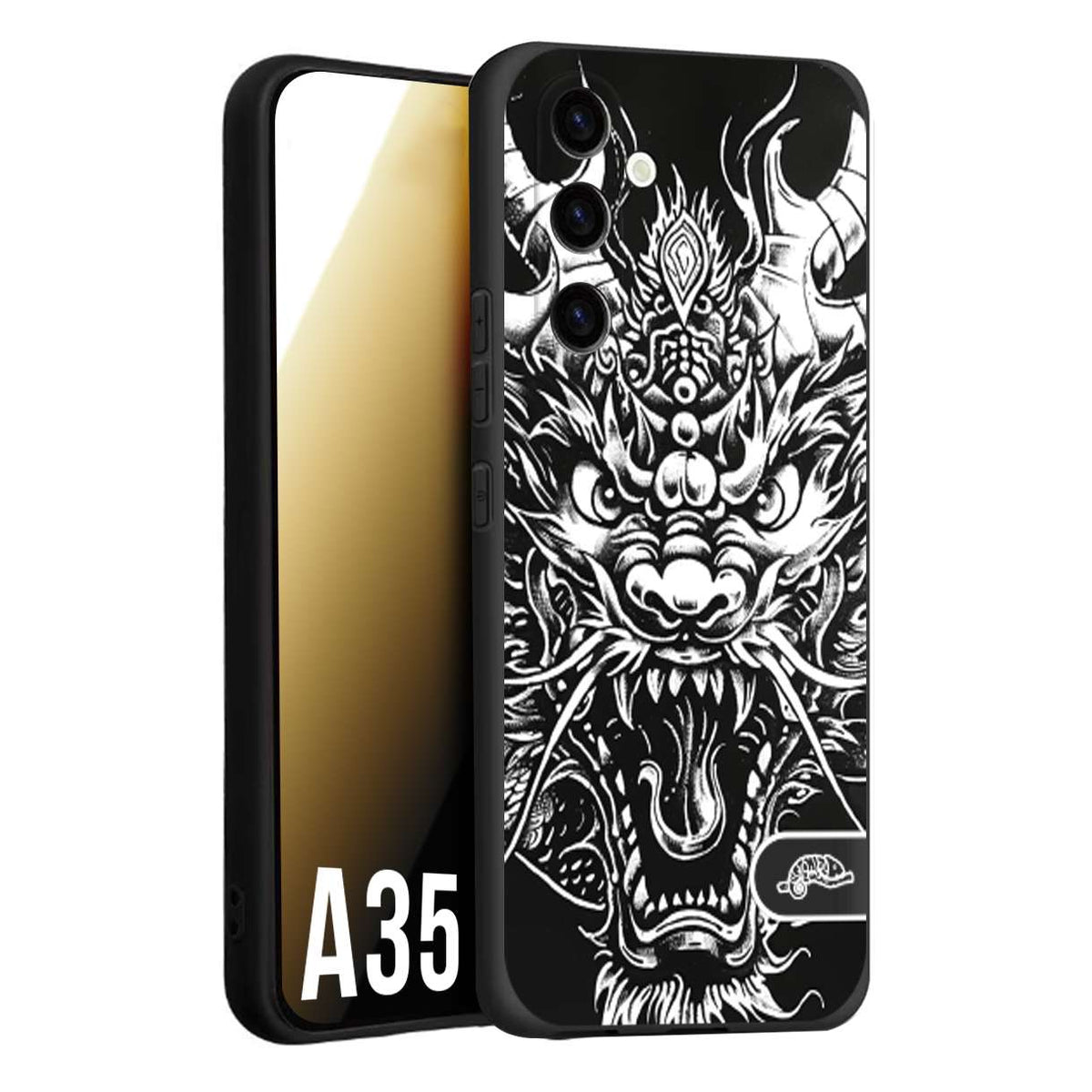 CUSTOMIZZA - Custodia cover nera morbida in tpu compatibile per Samsung A35 5G drago black and white bianco a rilievo disegnato tattoo tatuaggio