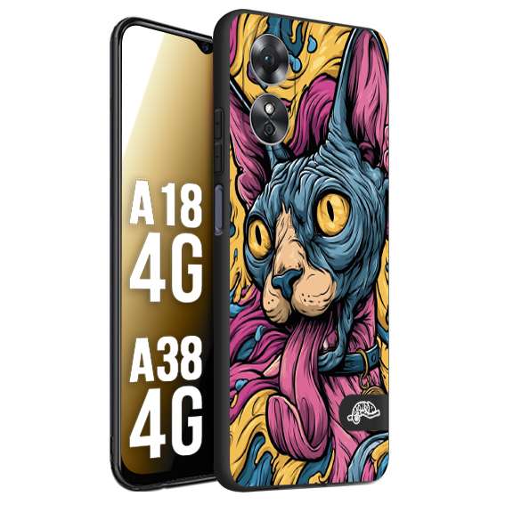 CUSTOMIZZA - Custodia cover nera morbida in tpu compatibile per Oppo A18 4G - A38 4G Sphynx Colorato Pop Art Psichedelico Gatto Blu Rosa Giallo Artistica Fantasy