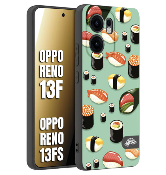 CUSTOMIZZA - Custodia cover nera morbida in tpu compatibile per Oppo Reno 13 F sushi disegni giapponese nighiri acquamarina verde