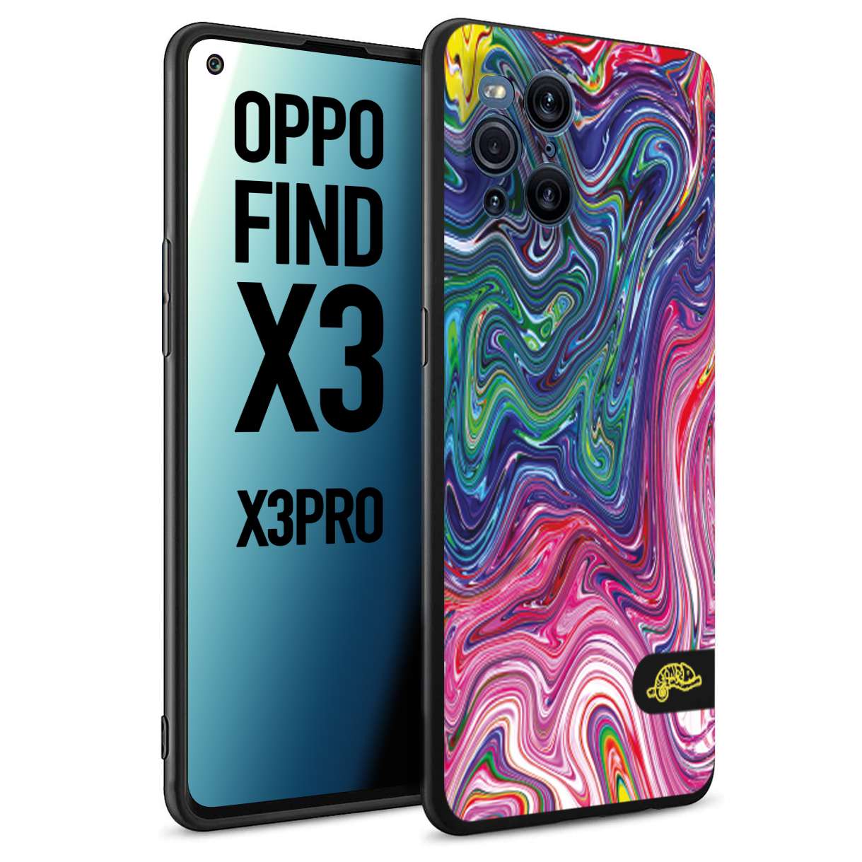 CUSTOMIZZA - Custodia cover nera morbida in tpu compatibile per Oppo Find X3 - Find X3 Pro 5G colorata fantasia vortice marmo arcobaleno rosa blu fucsia