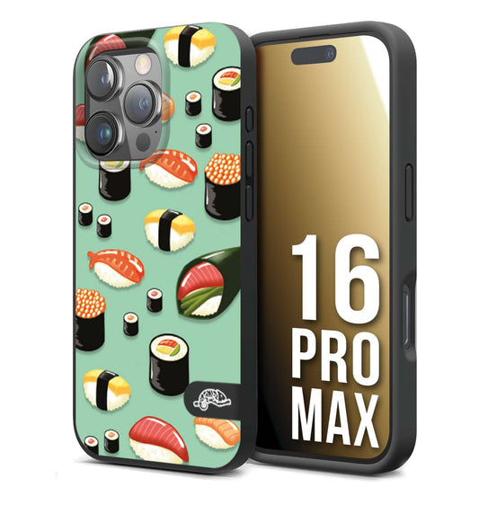 CUSTOMIZZA - Custodia cover nera morbida in tpu compatibile per iPhone 16 PRO MAX sushi disegni giapponese nighiri acquamarina verde