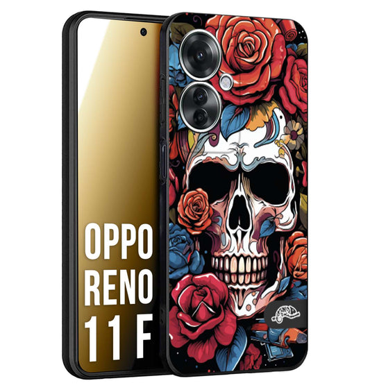 CUSTOMIZZA - Custodia cover nera morbida in tpu compatibile per Oppo Reno 11 F 5G teschio skull flowers fiori rose rosse tattoo disegnato