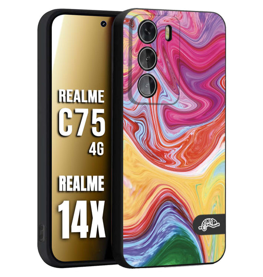 CUSTOMIZZA - Custodia cover nera morbida in tpu compatibile per Realme 14X - C75 4G colorata fantasia vortice marmo onde verde fucsia gialla
